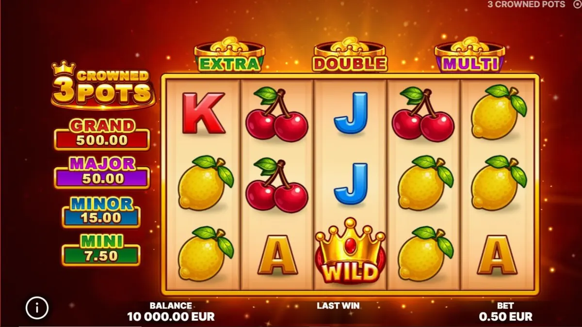 Giao diện trò chơi slot 3 Crowned Pots với các hũ vàng và biểu tượng trái cây