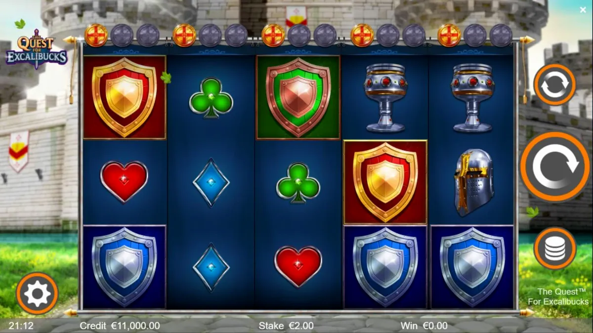 Giao diện trò chơi The Quest™ for Excalibucks với chủ đề hiệp sĩ trung cổ