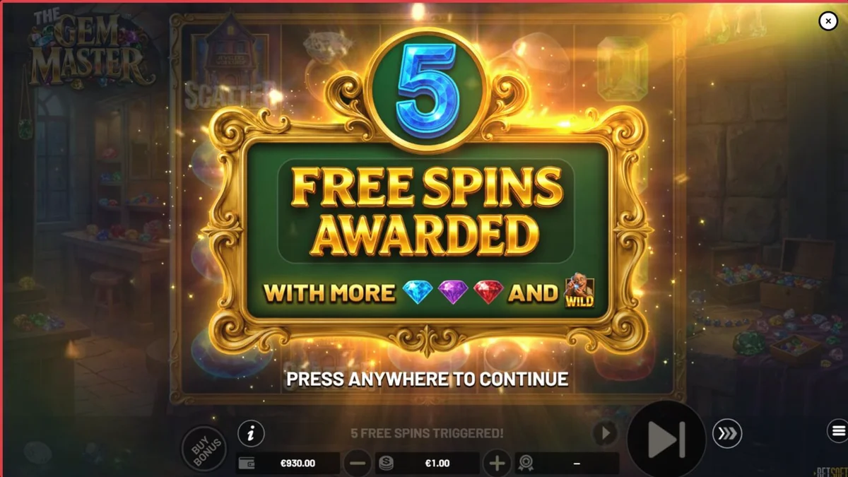 Giao diện trò chơi slot The Gem Master với các viên đá quý lấp lánh