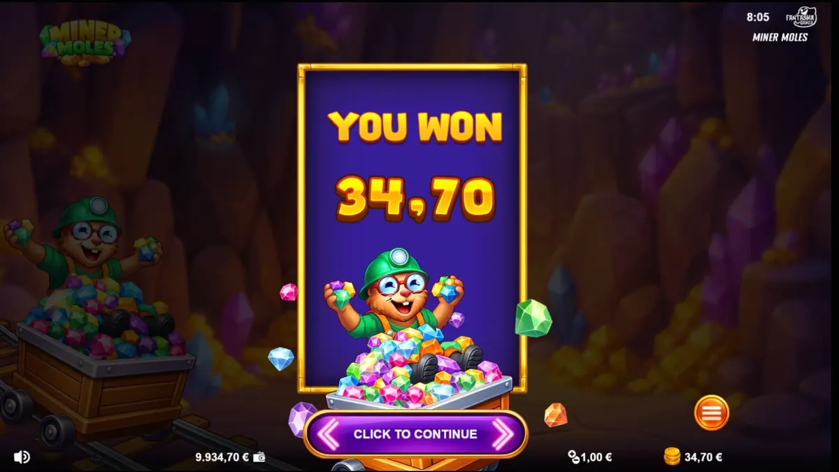 Giao diện trò chơi slot Miner Moles với các chú chuột chũi và kho báu