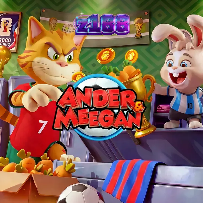 Giao diện trò chơi Ander & Meegan với các biểu tượng bóng đá và cơ chế Wild